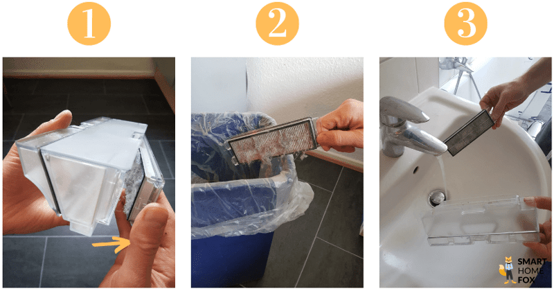 Die Reinigung des HEPA Filters ist zu sehen.